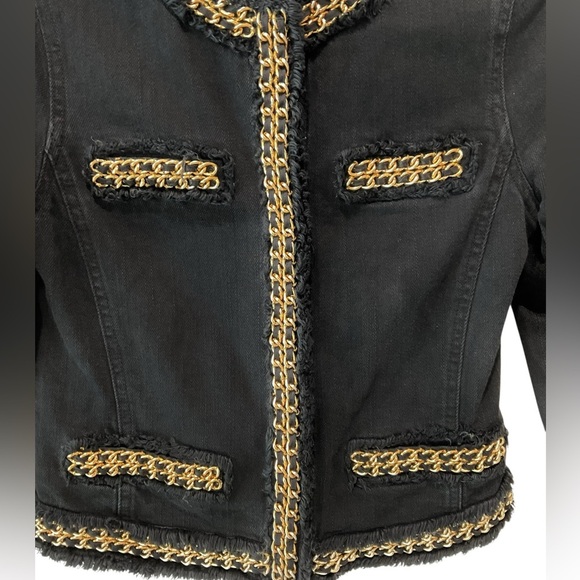 Michael Kors Women’s 0 Black Cropped Denim Jacket Gold Chain Trim Runway Chic - Picture 7 of 8